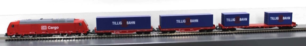 Tillig 01445 Einsteiger-Set: Güterzug der DB AG bestehend aus Diesellokomotive ?TRAXX?, zwei Flachwagen mit Beladung und einem Containertragwagen mit Beladung, Ep. VI