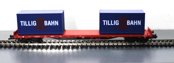 Tillig 01445 Einsteiger-Set: Güterzug der DB AG bestehend aus Diesellokomotive ?TRAXX?, zwei Flachwagen mit Beladung und einem Containertragwagen mit Beladung, Ep. VI