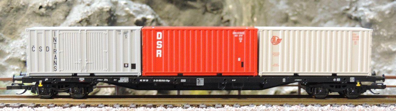 Tillig 18127 Containertragwagen Rgs 3910 der DR, beladen mit drei verschiedenen 20?-Containern, Ep. IV