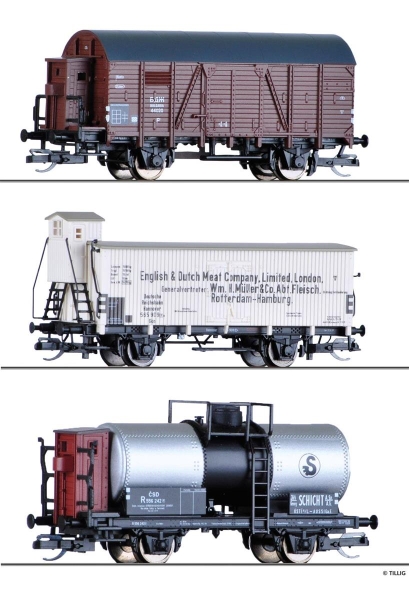 Tillig 01817 G?terwagenset der BDZ, DRG und ?SD, bestehend aus einem gedeckten G?terwagen der BDZ, einem K?hlwagen der DRG und einem Kesselwagen der ?SD, Ep. II