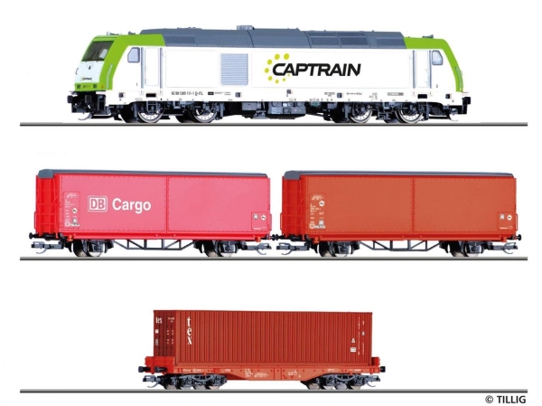 Tillig 01448 Einsteiger-Set: G?terzug der DB AG bestehend aus Diesellokomotive ?TRAXX?, zwei Schiebewandwagen Hbis-tt und einem Containertragwagen Sgmmns mit 40?-Container, Ep. VI
