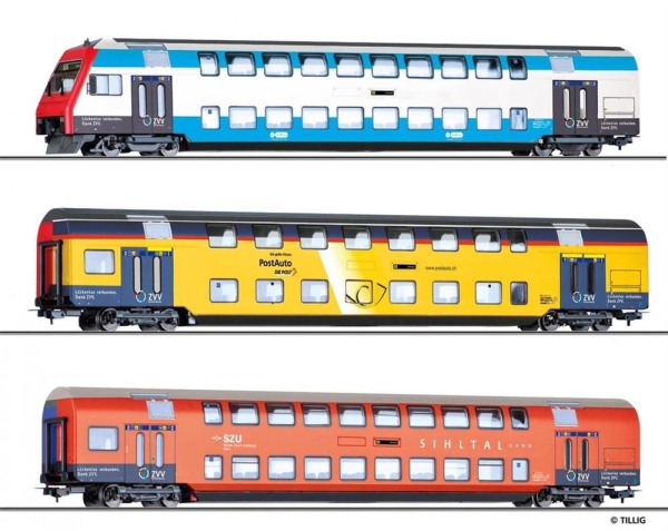 Tillig 70038 Doppelstockwagenset ?Verbundzug S-Bahn Z?rich? der SBB, bestehend aus einem Steuerwagen Bt, einem 1./2. Klasse-Wagen AB und einem 2. Klasse-Wagen, Ep. V