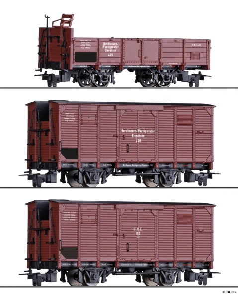 Tillig 01273 Güterwagenset der NWE / GHE, bestehend aus einem offenen G?terwagen und zwei gedeckten G?terwagen, Epoche II