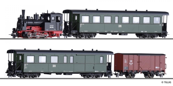 Tillig 01172 Zugset der DR, bestehend aus Dampflokomotive BR 99.57, einem Personenwagen KB4i, einem Packwagen KBD4i und einem gedeckten G?terwagen Gw, Epoche III -FORMNEUHEIT-