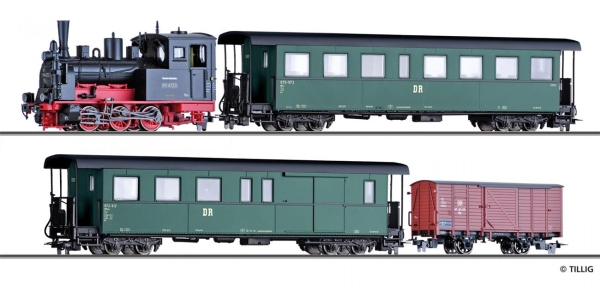 Tillig 01173 Zugset der DR, bestehend aus Dampflokomotive BR 99.47, einem Personenwagen KB4i, einem Packwagen KBD4i und einem gedeckten G?terwagen Gw, Epoche III -FORMNEUHEIT-