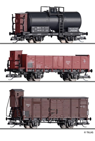 Tillig 01031 Güterwagenset der UWHJ, PKP und CSD, bestehend aus einem gedeckten Güterwagen der UWHJ, einem Kesselwagen der PKP und einem offenen Güterwagen der CSD, Ep. II