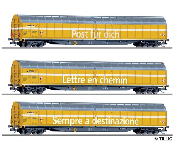 Tillig 01038 Güterwagenset der Schweizer Post, bestehend aus drei Schiebewandwagen Habbiillnss, Ep. VI