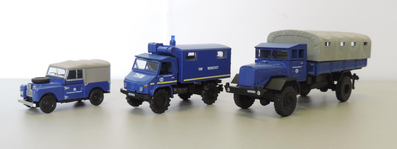 Schuco 452656000 3er-Set THW, Land Rover, Unimog 404, MB LG 315