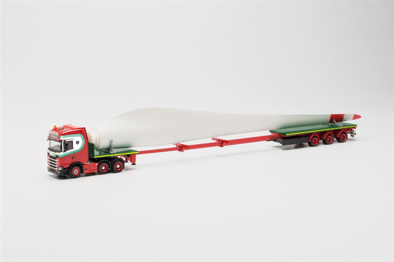 Herpa 315524 Scania CS 20 HD Teletrailer-Sattelzug mit Windradflügel „G. Vlastuin Transporte“ (Niederlande/Ede)