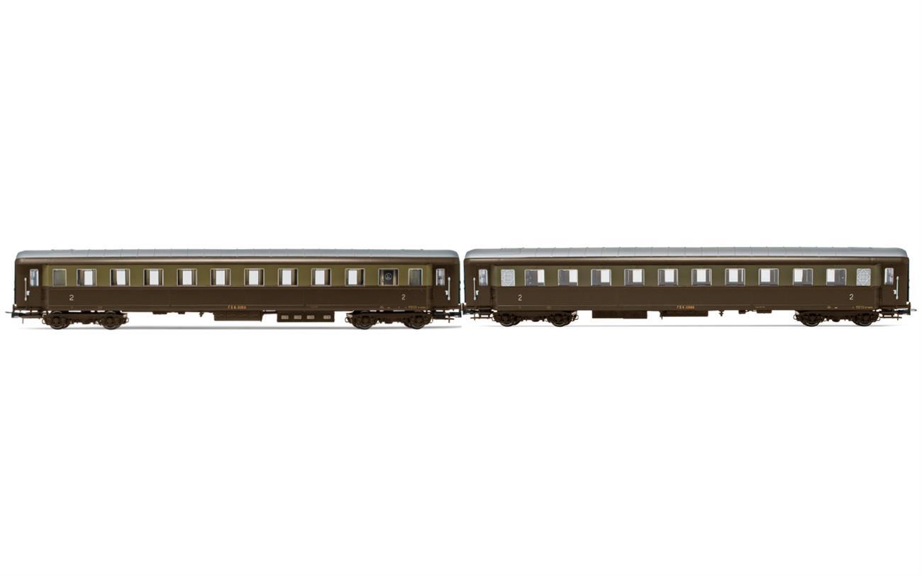 Rivarossi HR4367 FS, 2-tlg. Set 2.Klasse Reisezugwagen Bz 33010 - Typ 1946, in brauner Castano/Isabella-Farbgebung, einer davon mit Buffett-Abteil, Ep. III-IV