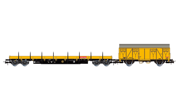 Rivarossi HR6647 DB Bahnbau, 2-tlg. Set Bauwagen, beinhaltet 1 x Res beladen mit Schwellen sowie 1 x Gs, beide in gelber Farbgebung, Ep. V-VI