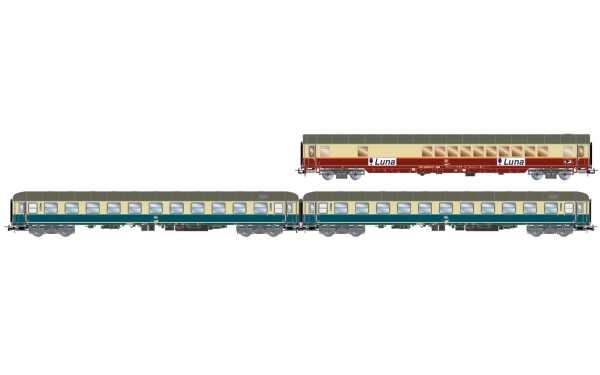 Rivarossi HR4349 DB, 3-tlg. Set Nachtschnellzug „Luna“, bestehend aus 1 x Bar-Gesellschaftswagen WGmh 854, in rot/beiger Farbgebung und 2 x Bcm 246, in ozeanblauer Farbgebung , Ep. IV