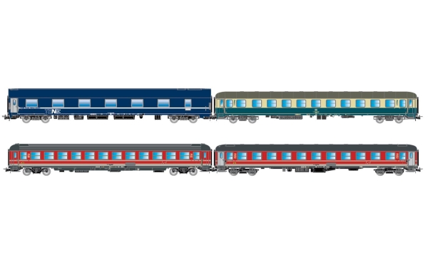 Rivarossi HR4374 „Italien-Holland-Express“, 4-tlg. Set Reisezugwagen, bestehend aus 1 x NS WLABm MU, in TEN-Farbgebung, 1 x DB Bcm 243, in blau/beiger Farbgebung, 1 x FS 2.Kl. UIC-X, in rot/grauer Farbgebung und 1 x FS Liegewagen UIC-X 68, in rot/grauer