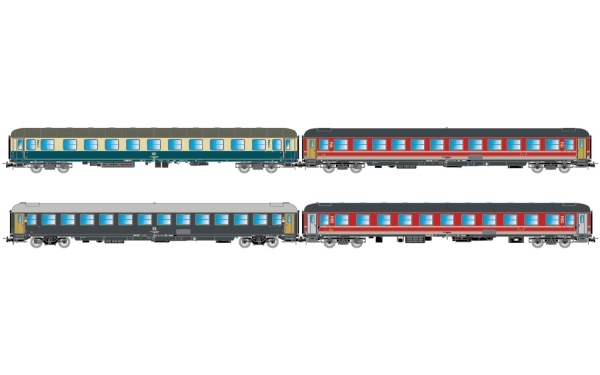 Rivarossi HR4375 „Italien-Holland-Express“, 4-tlg. Set Reisezugwagen, bestehend aus 1 x DB Bcm 243, in blau/beiger Farbgebung, 1 x FS 2.Kl. UIC-X, in rot/grauer Farbgebung, 1 x FS 2.Kl. UIC-X, in grauer Farbgebung und 1 x FS-Liegewagen UIC-X 68, in rot/g