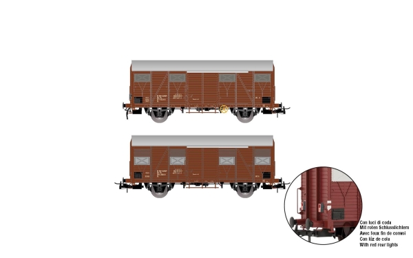 Rivarossi HR6645 FS, 2-tg. Set gedeckter Güterwagen der Bauart Gs (holzbeplankte Wände), einer mit roten Schlusslichtern, Ep. IV
