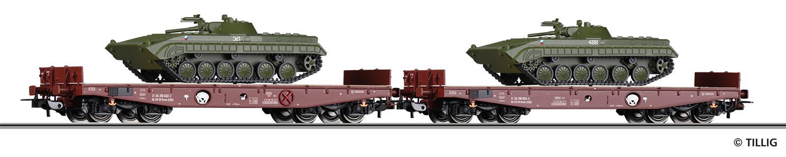 Tillig 70055 Schwerlastwagen Set DR beladen mit zwei Panzern BMP-1