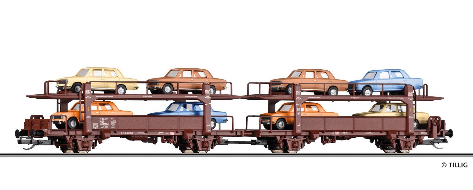 Tillig 18592 Autotransportwagen-Einheit mit Lade 1200 beladen DR