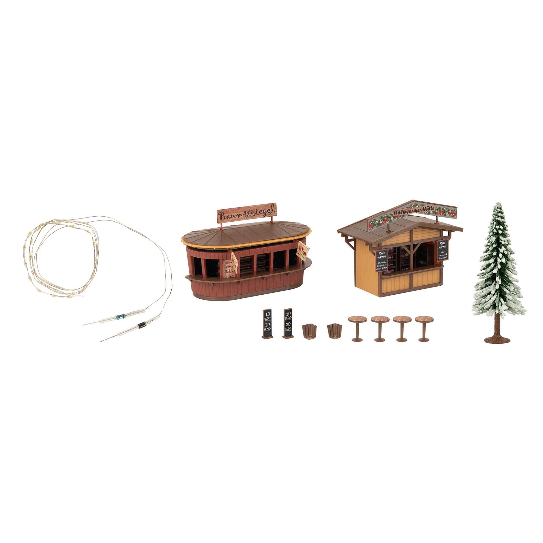 Faller 134006 2 Weihnachtsmarktbuden mit beleuchtetem Weihnachtsbaum