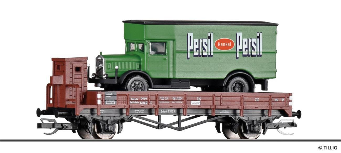 Tillig 502698 Niederbordwagen, beladen mit Oldtimer-LKW "Persil", DRG, Ep. II