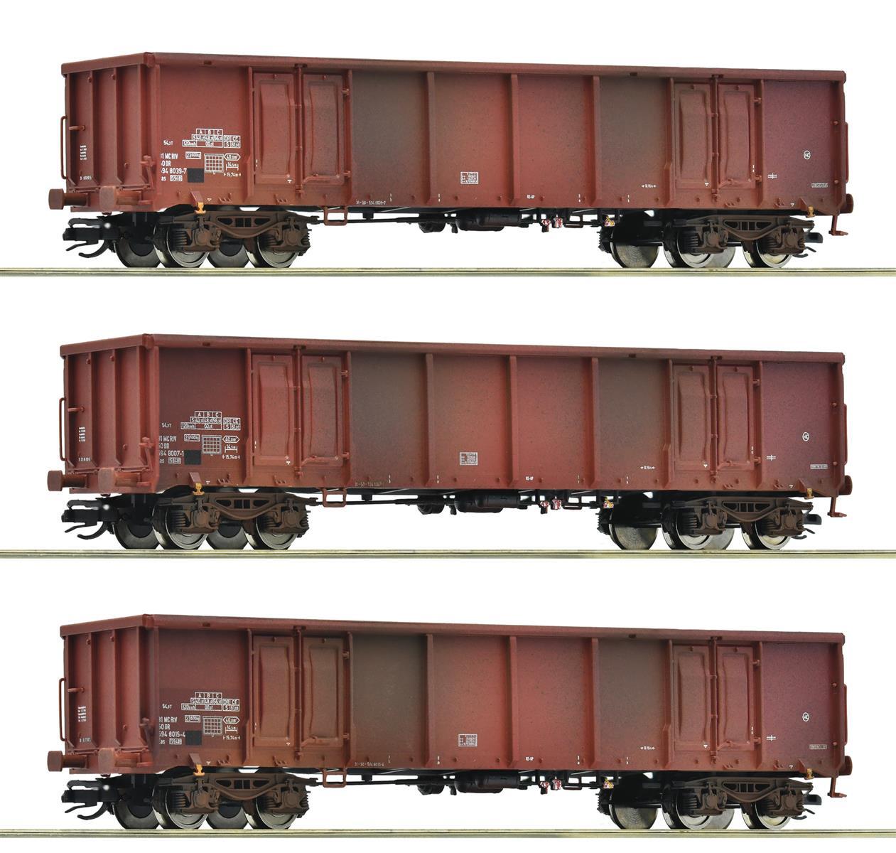 Roco 6680017 3-teiliger Set: Offene Güterwagen DR -Betriebsverschmutzt