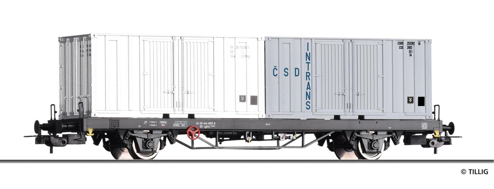 Tillig 77073 H0 Containertragwagen Lgkks 4444 der DR, beladen mit zwei 20‘ Containern