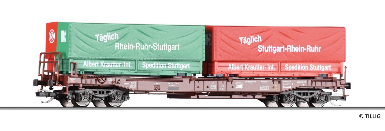 Tillig 18159 TT Taschenwagen Sdkms 707 der DB, beladen mit Wechselpritschen „Krautter &Simon“