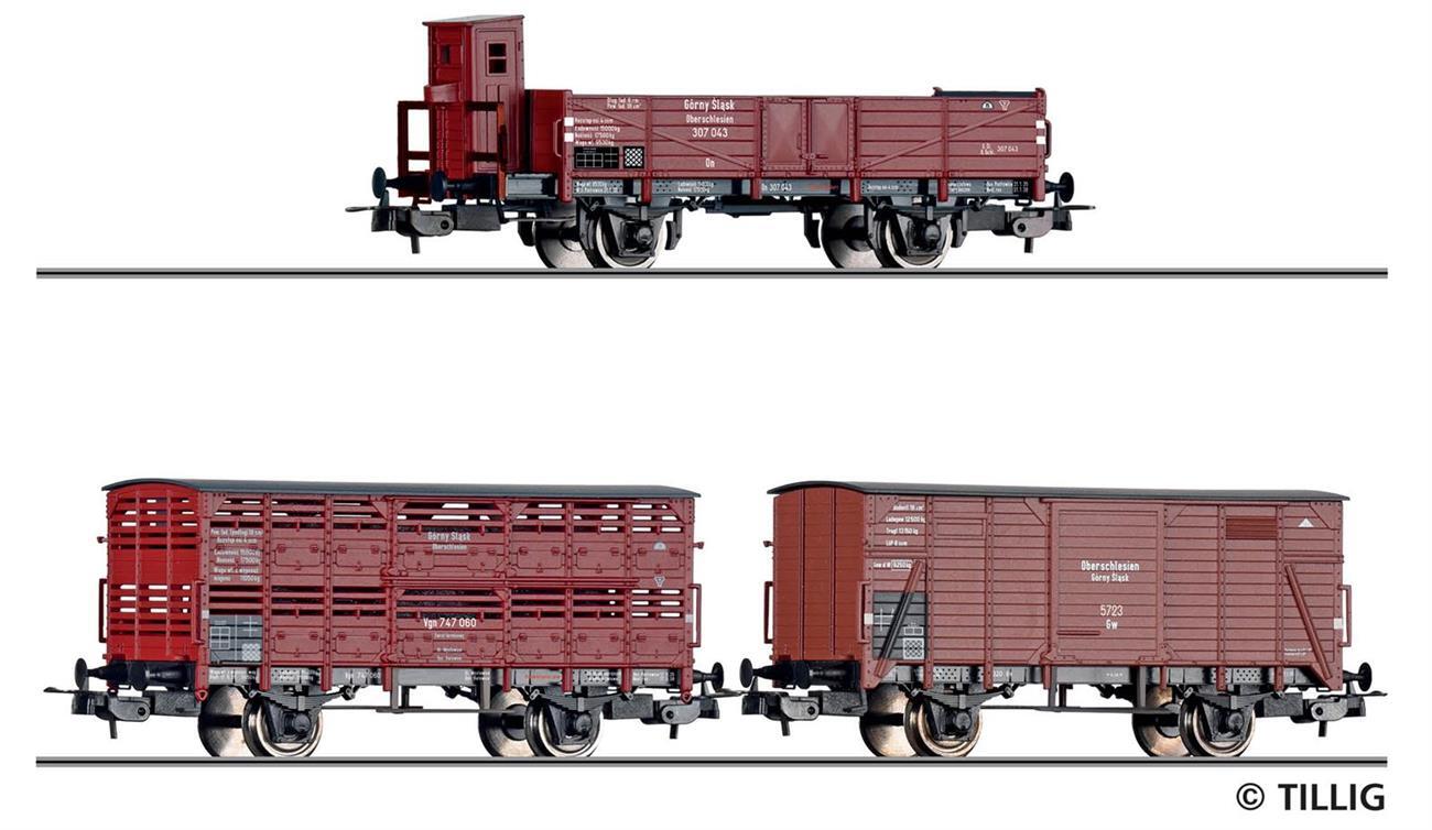 Tillig 70067 H0 Güterwagenset der Gorny Slask / Oberschlesischen Eisenbahn, bestehend aus einem offenen Güterwagen, einem Verschlagwagen und einem gedeckten Güterwagen