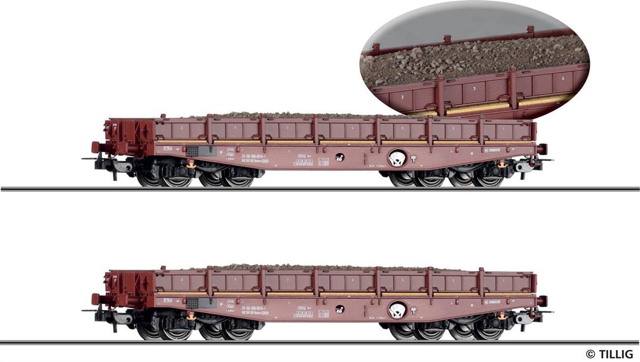 Tillig 70070 H0 Güterwagenset der DR, bestehend aus zwei Schwerlastwagen Rmms 3960, beladen mit Gleisbau-Abraum