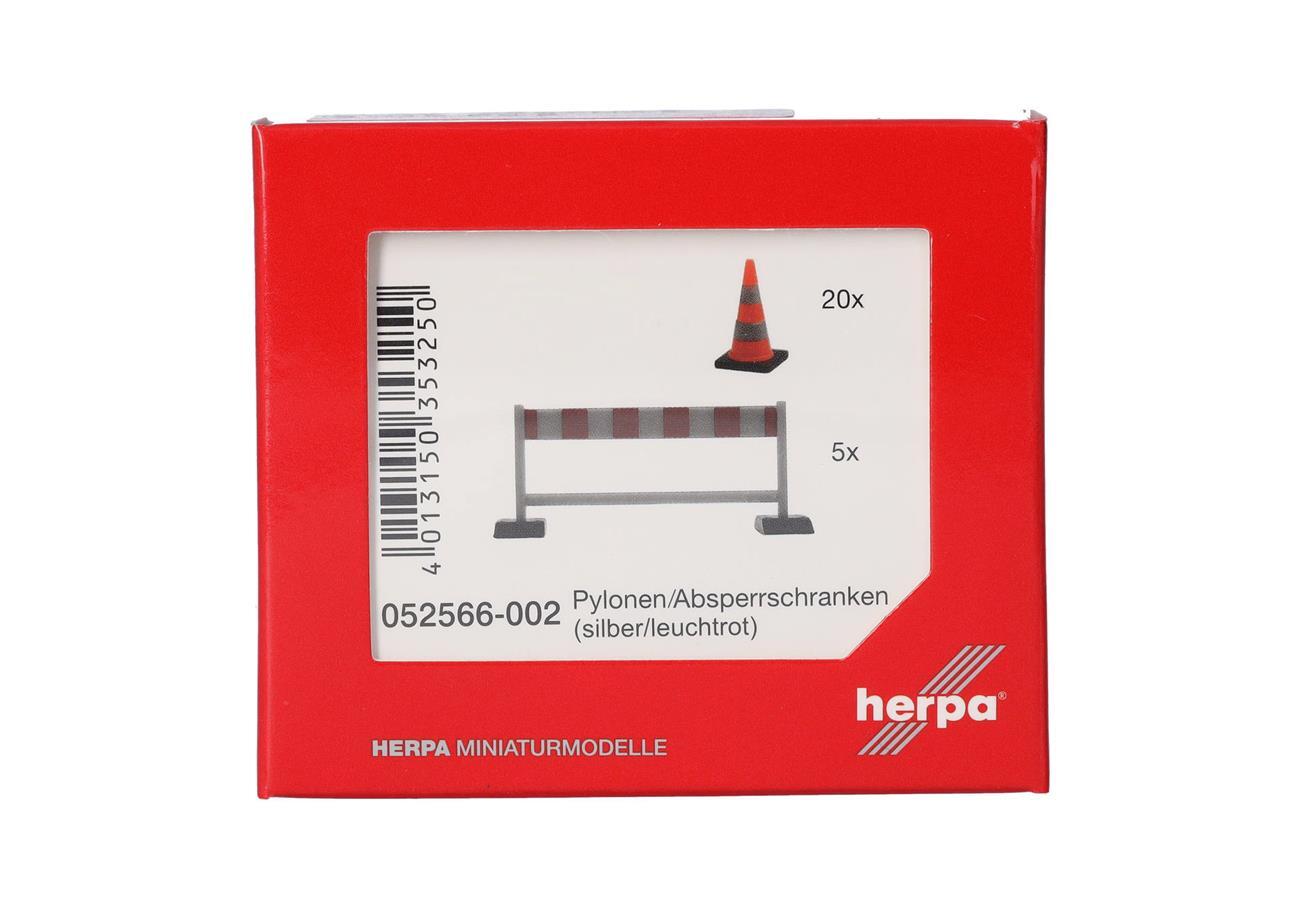 Herpa 052566-002 1:87 Zubehör Pylonen (20 Stück), Absperrschranken (5 Stück), silber/leuchtrot