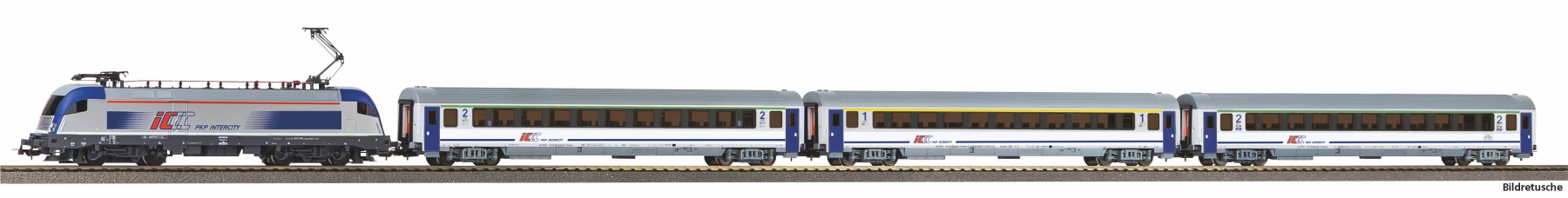 Piko 57116 H0 Start-Set mit Bettung Elektrolokomotive EU44 mit 3 Personenwagen PKP IC Epoche VI
