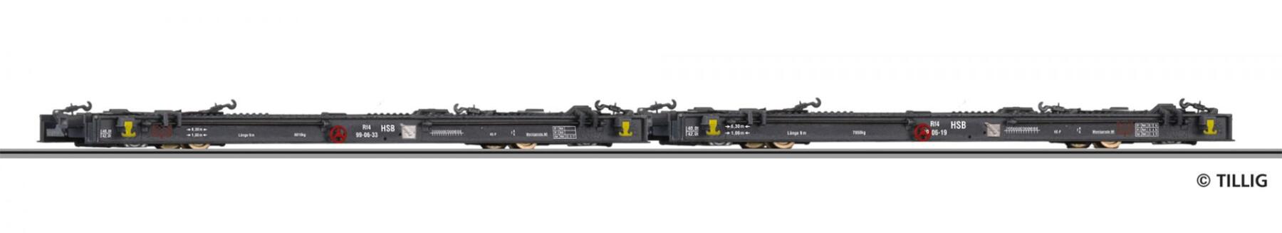 Tillig 05974 H0e Güterwagenset der HSB, bestehend aus zwei Schmalspur Rollwagen Rf4, Ep. V
