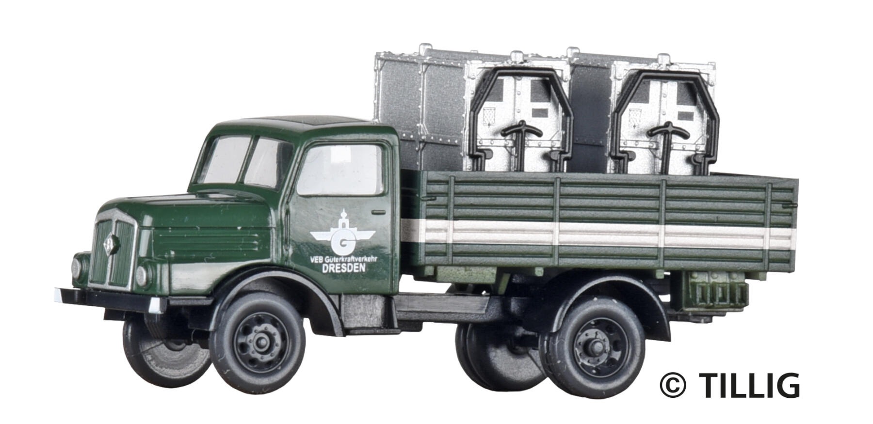 Tillig 19078 TT LKW H3A Hochbordpritsche „VEB Güterverkehr Dresden“, beladen mit Rollgutbehältern