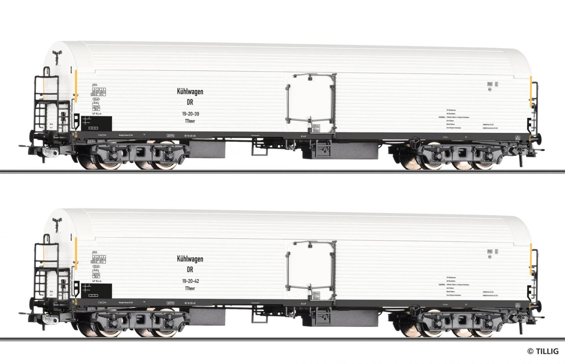 Tillig 70075 H0 Güterwagenset der DR, bestehend aus zwei Eiskühlwagen 
Tthevr, Ep. III