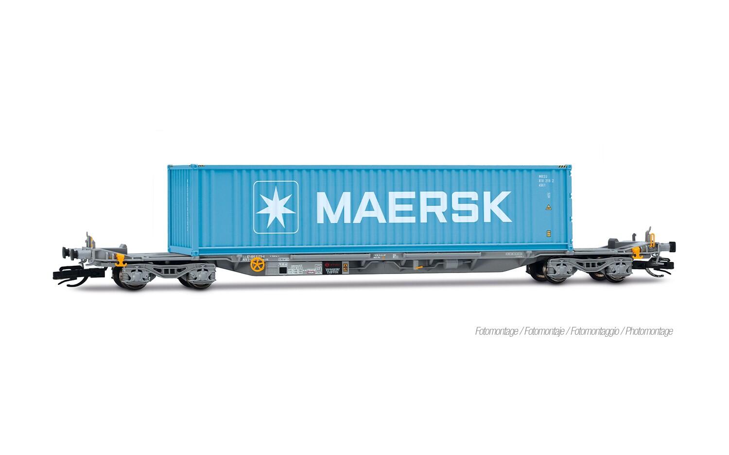 Arnold HN9765 TT graue Farbgebung 2-tlg. Set 4-achs. Container-Wagen, beladen mit 2 x 20 + 1 x 40 Container „MAERSK“