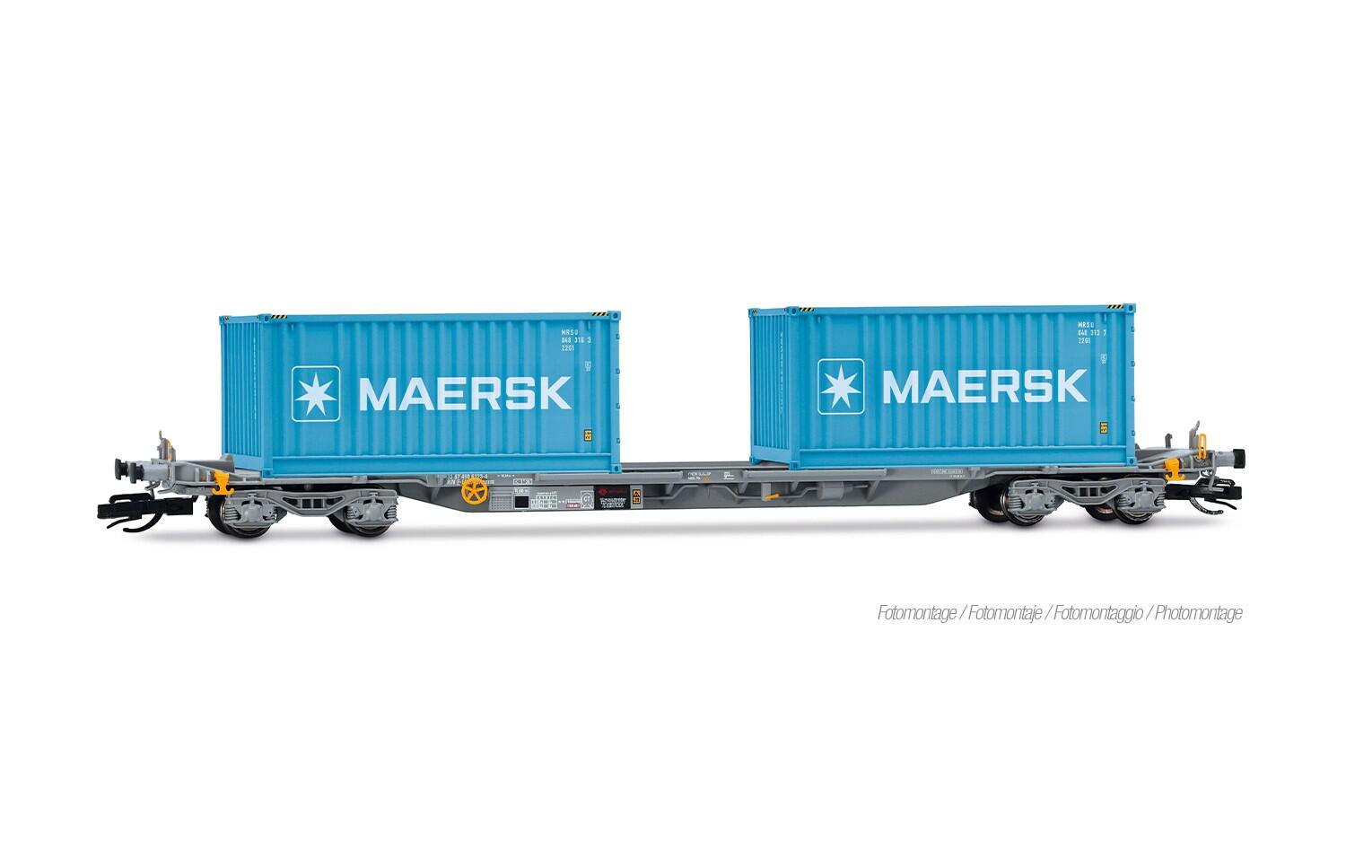 Arnold HN9765 TT graue Farbgebung 2-tlg. Set 4-achs. Container-Wagen, beladen mit 2 x 20 + 1 x 40 Container „MAERSK“
