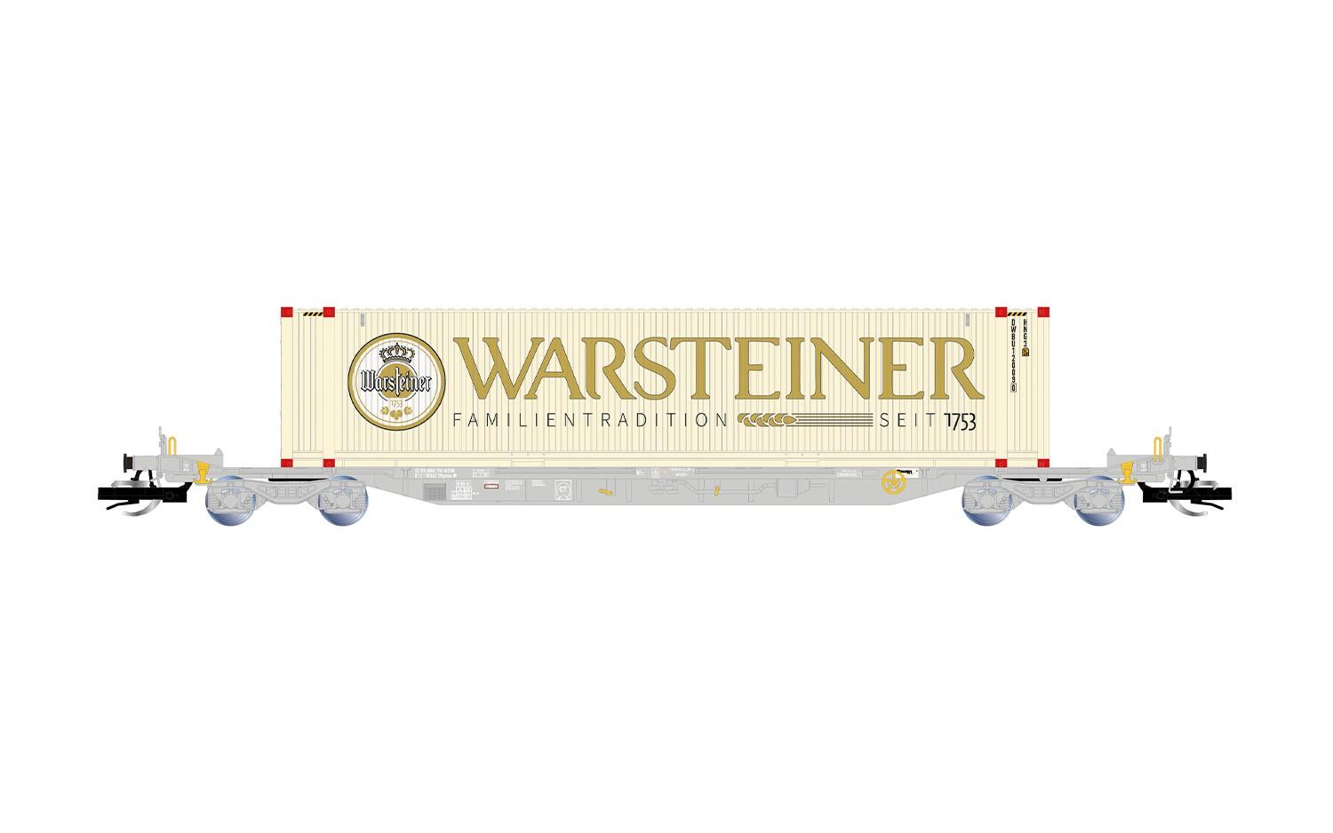 Arnold HN9767 TT graue Farbgebung 4-achs. Containerwagen, beladen mit 1 x 45-Container „Warsteiner“