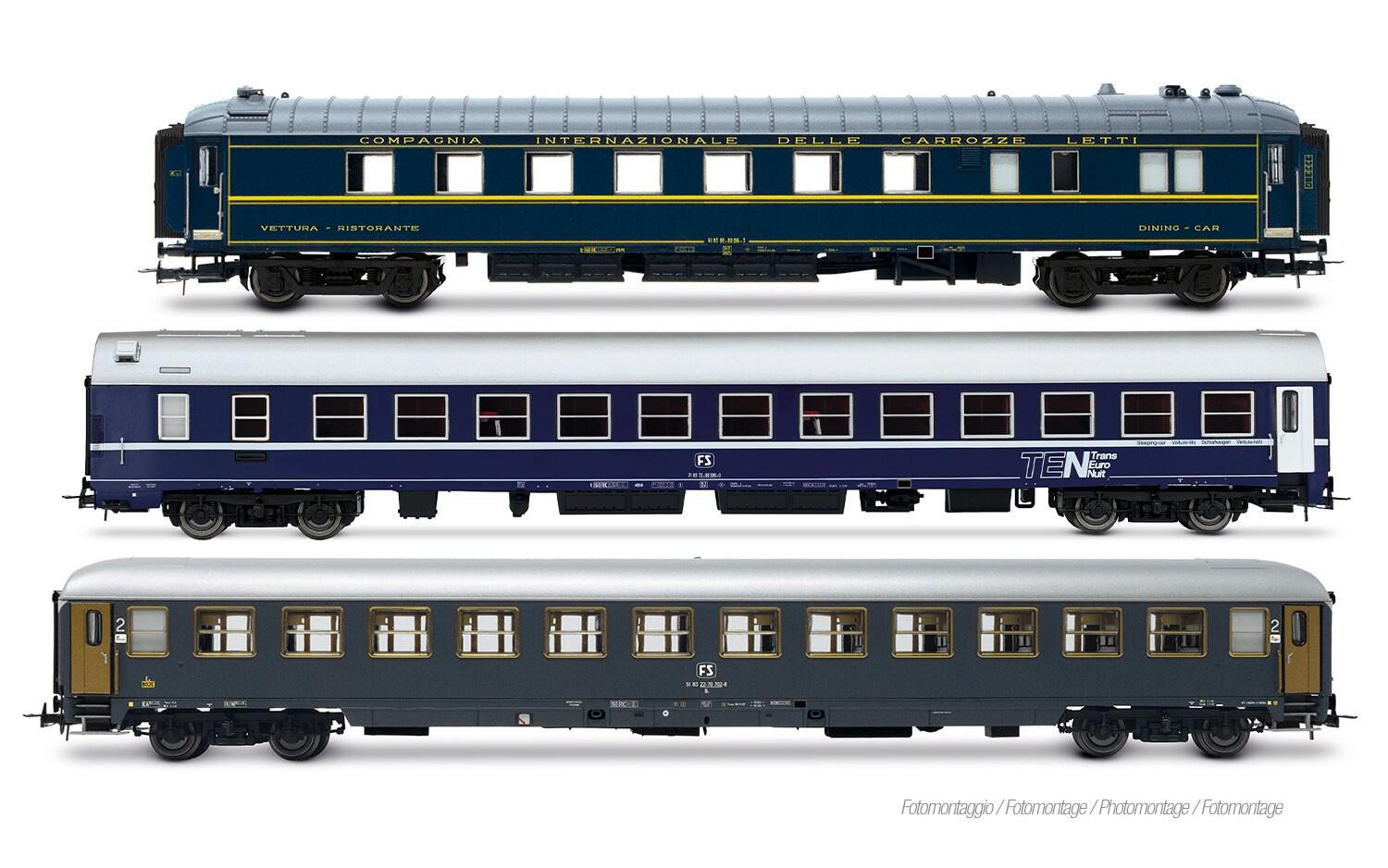 Rivarossi HR4410 H0 3-tlg. Set Exp 234/235 „Remus“ Roma – Wien FS, WR „Pistoiesi” ex CIWL, WLABm MU 68 TEN + UIC-X 75 2. Klasse, grau