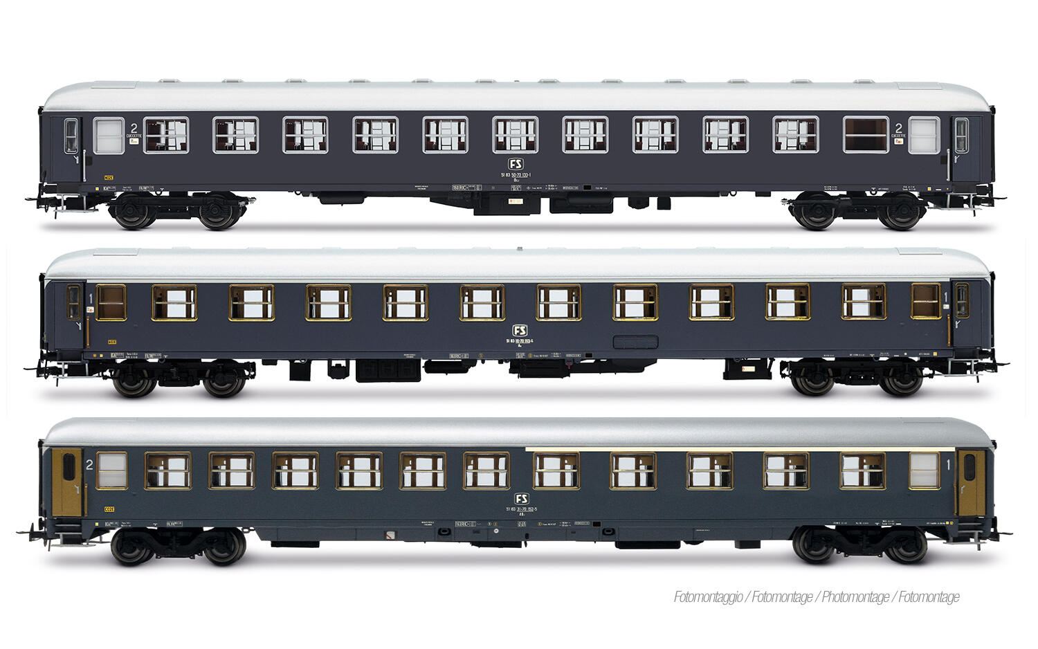 Rivarossi HR4412 H0 3-tlg. Set Exp 234/235 Remus Roma – Wien FS, bestehend aus UIC-X 68 Liegewagen, UIC-X 68 1. Klasse und UIC-X 75 1./2. Klasse, grau