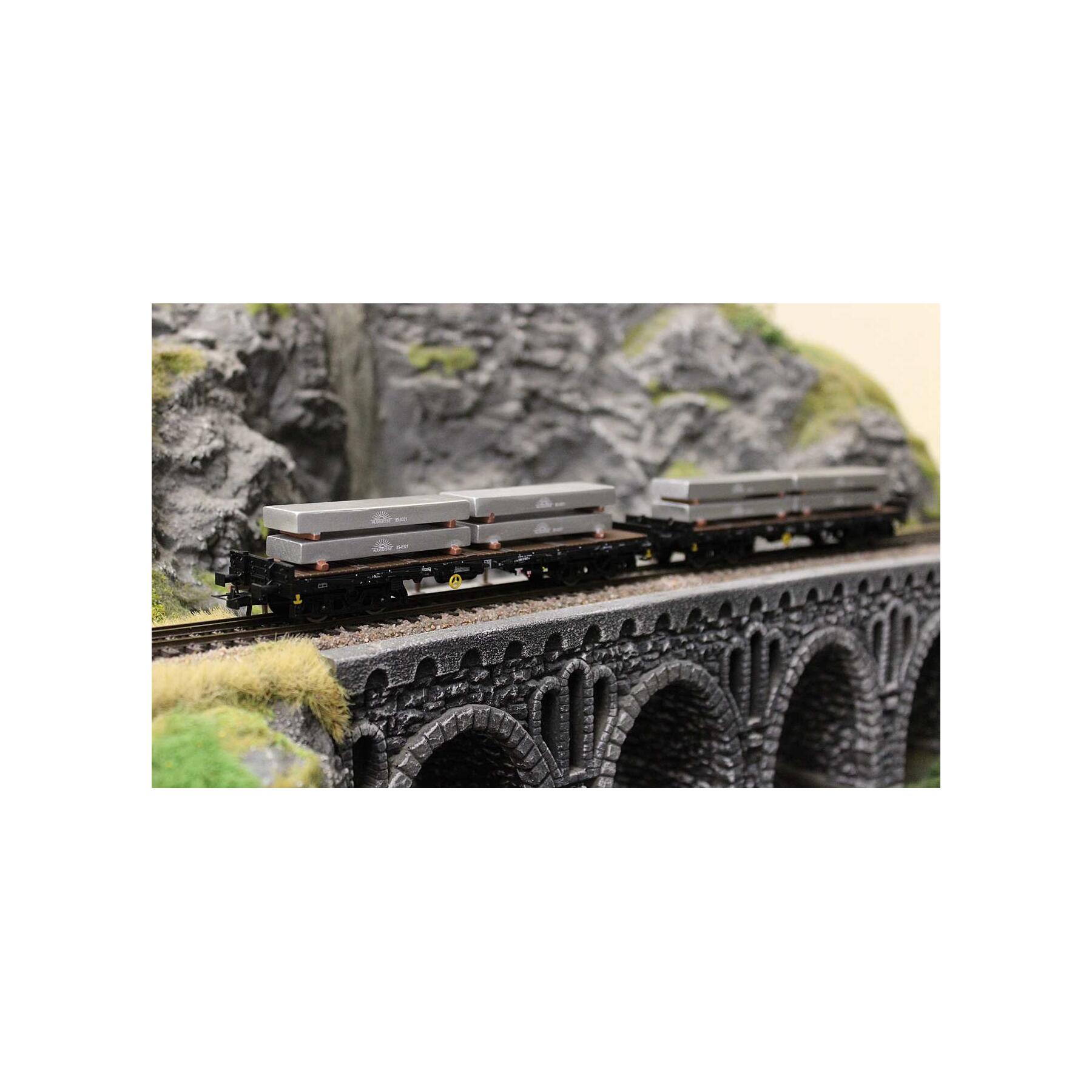 Rivarossi HR6701 H0 2-tlg. Set 4-achs. Rungenwagen der Bauart Rmms DB, schwarze Farbgebung, beladen mit Aluminiumblöcken