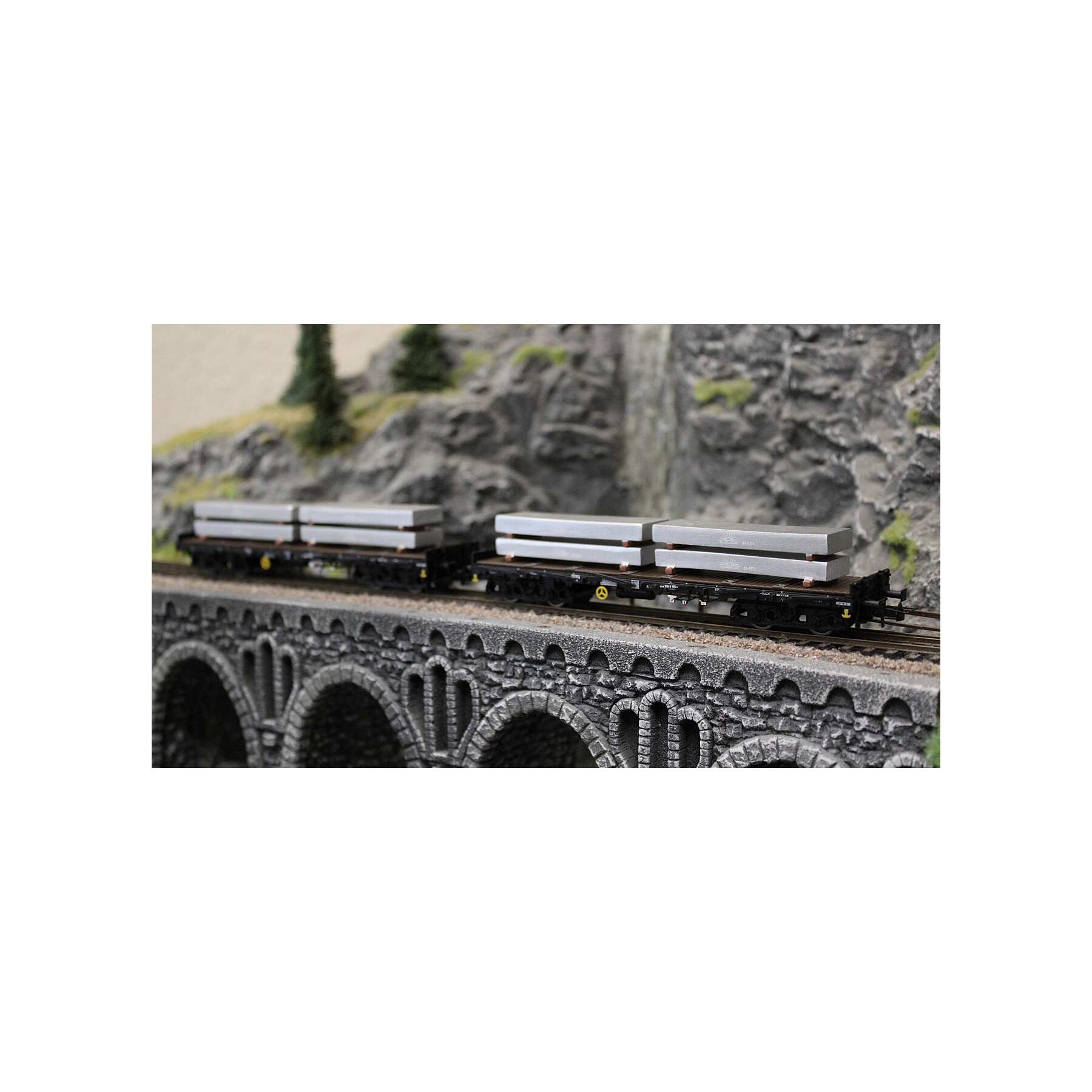Rivarossi HR6701 H0 2-tlg. Set 4-achs. Rungenwagen der Bauart Rmms DB, schwarze Farbgebung, beladen mit Aluminiumblöcken