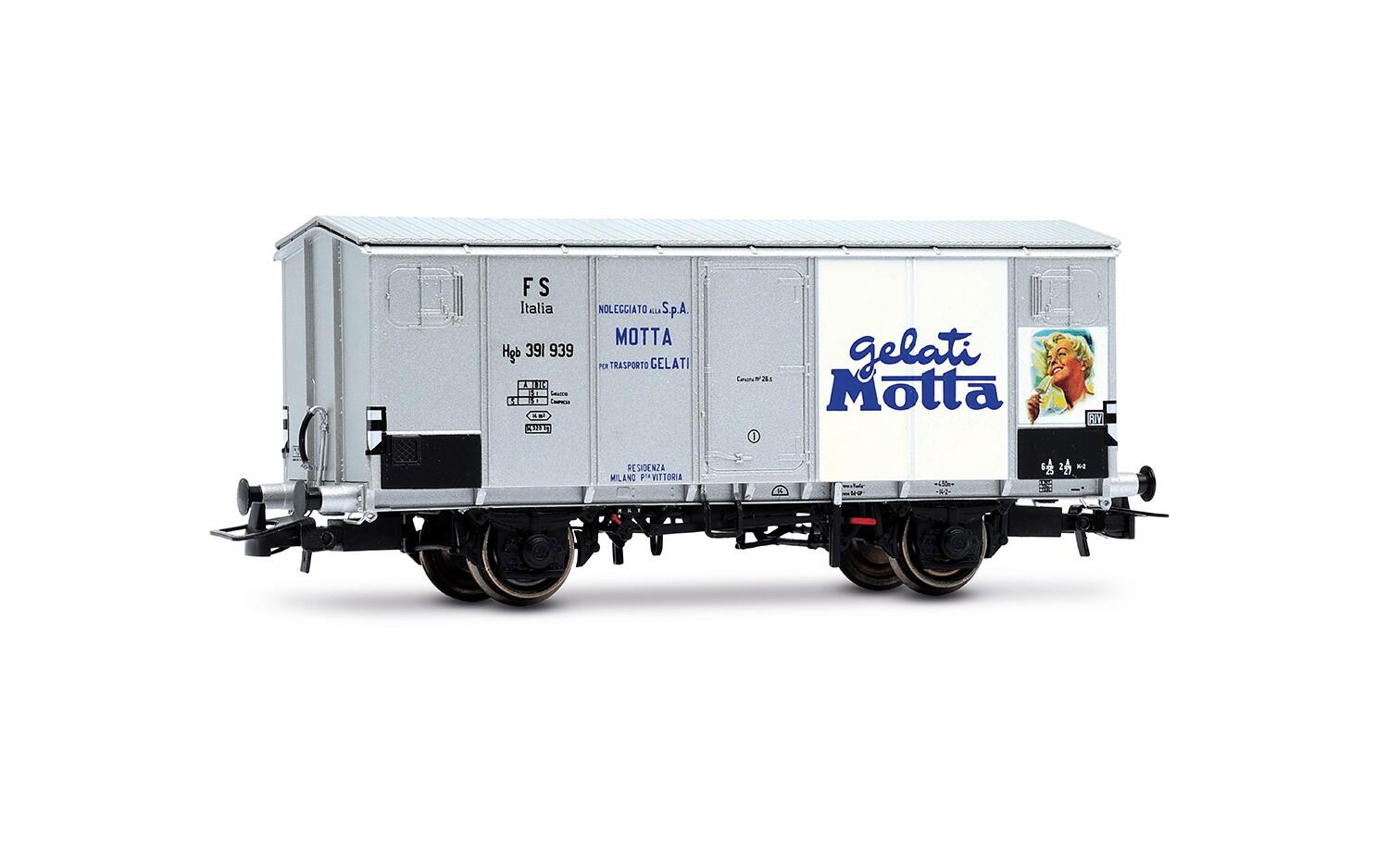 Rivarossi HR6711 H0 2-achs. Kühlwagen Hgb FS, Metallaufbau, silberne Farbgebung „Gelati Motta“