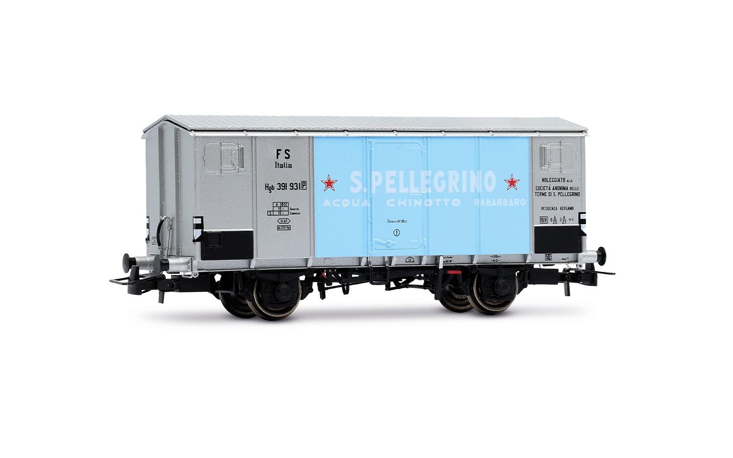 Rivarossi HR6712 H0 2-achs. Kühlwagen Hgb FS, Metallaufbau, silberne Farbgebung „San Pellegrino“