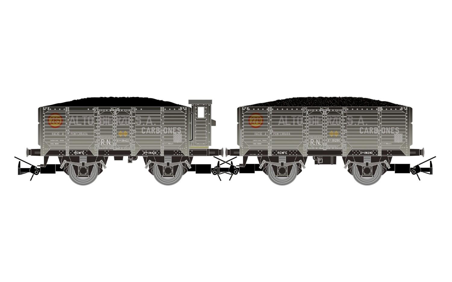 Electrotren HE6094 H0 2-tlg. Set 2-achs. offener Güterwagen RENFE, beladen mit Kohle, grau-schwarze Farbgebung