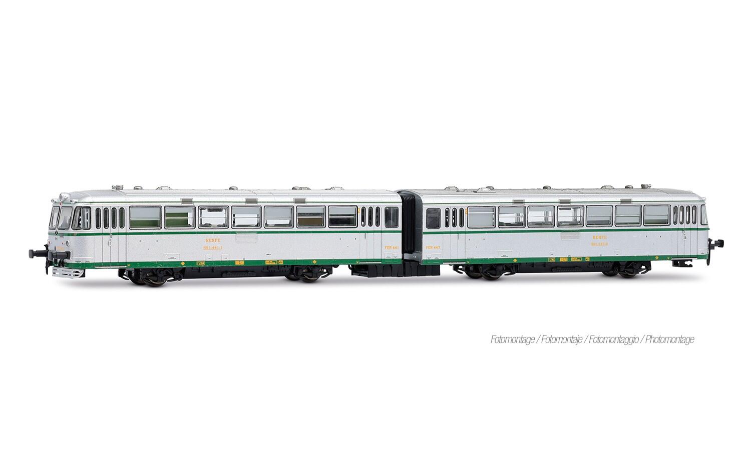 Arnold HN2679S N 2-tlg. Dieseltriebwagen 591.400 „Ferrobus“ RENFE, silberfarben mit UIC-Kennzeichnung, mit DCC Sounddecoder