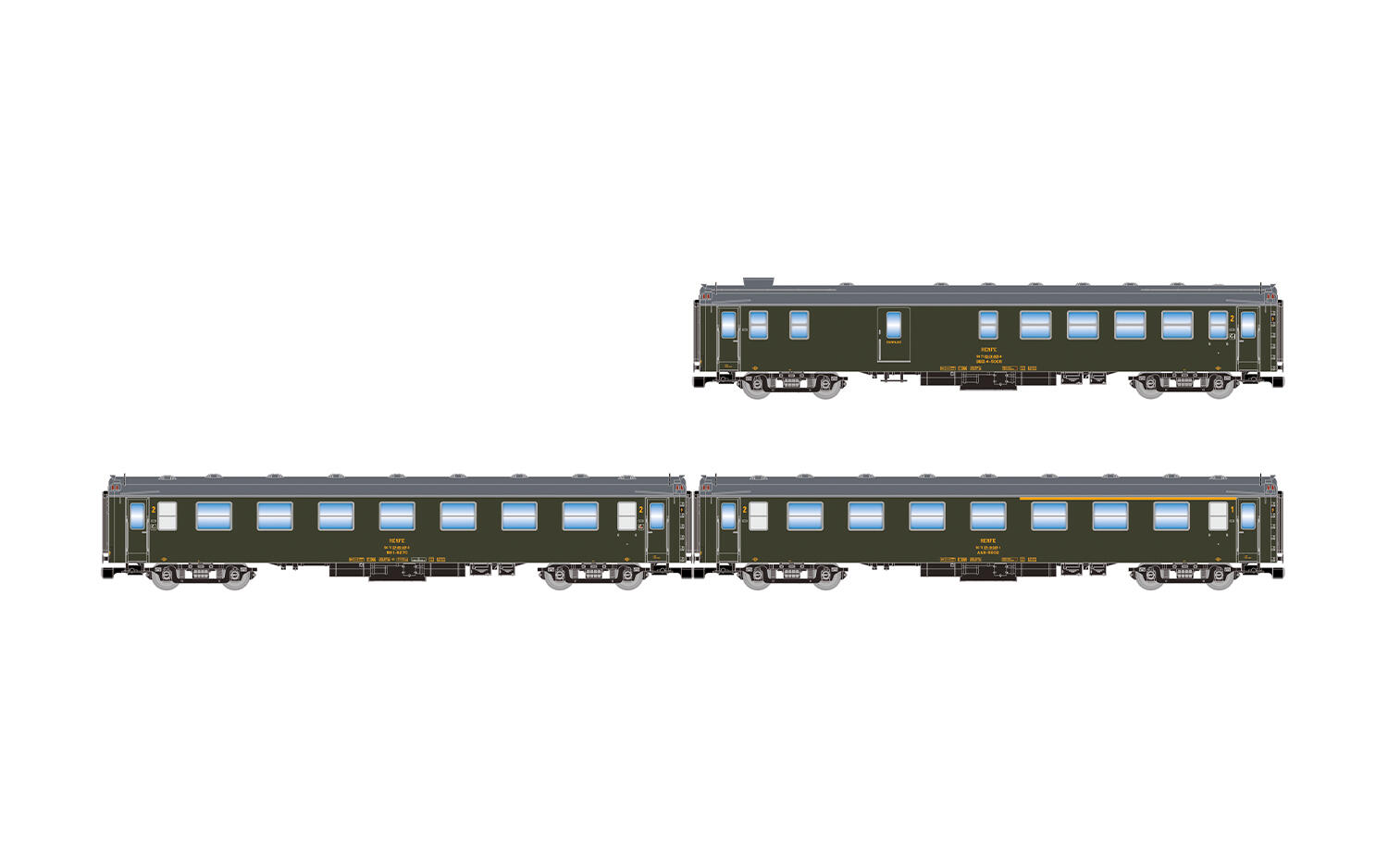 Arnold HN4514 N 3-tlg. Set 5000-Wagen RENFE, BBD4 Gepäckwagen + BB1 2. Klasse + AAB gemischt, mit alten Faltenbälgen, grün