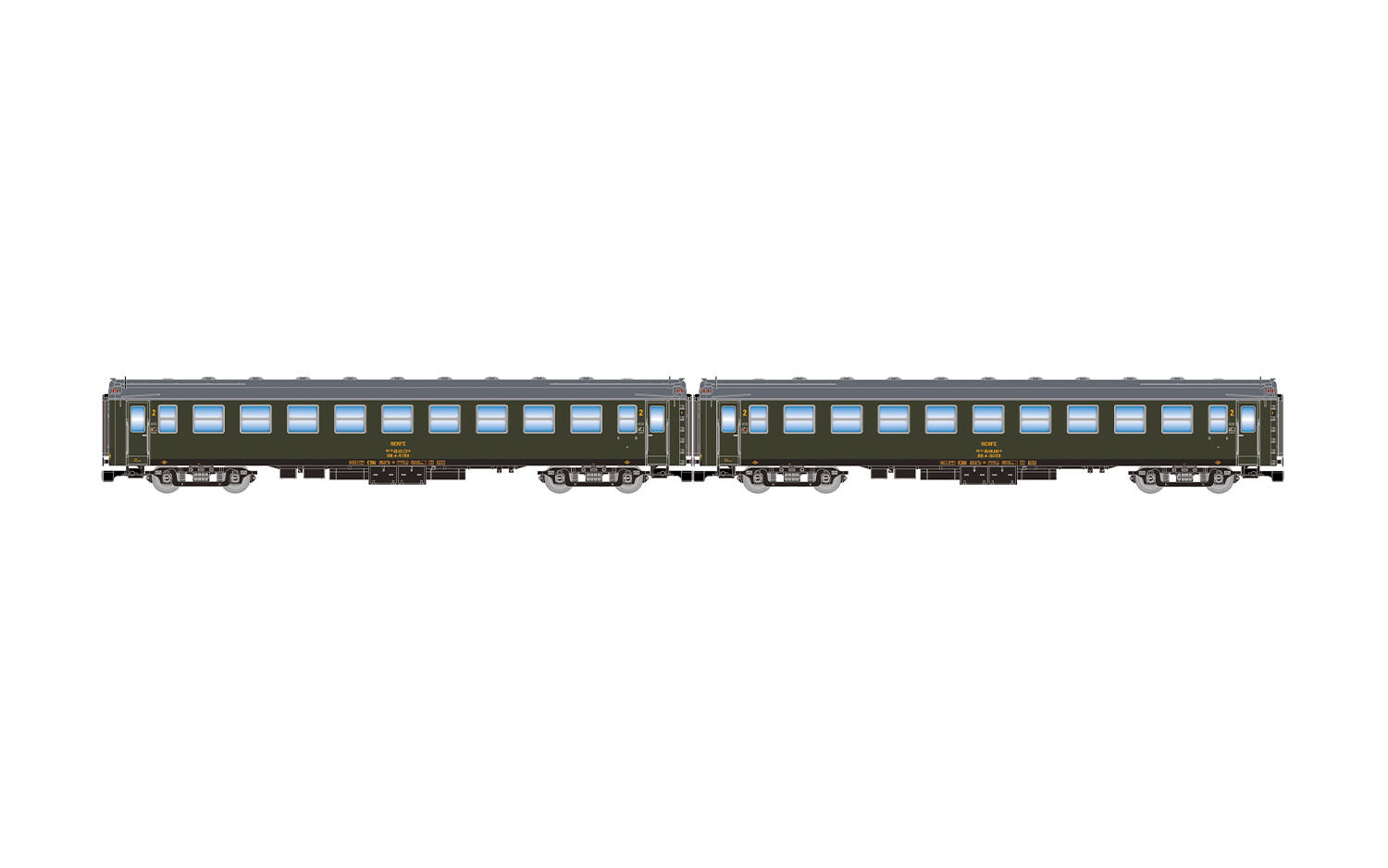 Arnold HN4515 N 2-tlg. Set 5000-Wagen RENFE, 2 x BB4 2. Klasse, mit alten Faltenbälgen, grün