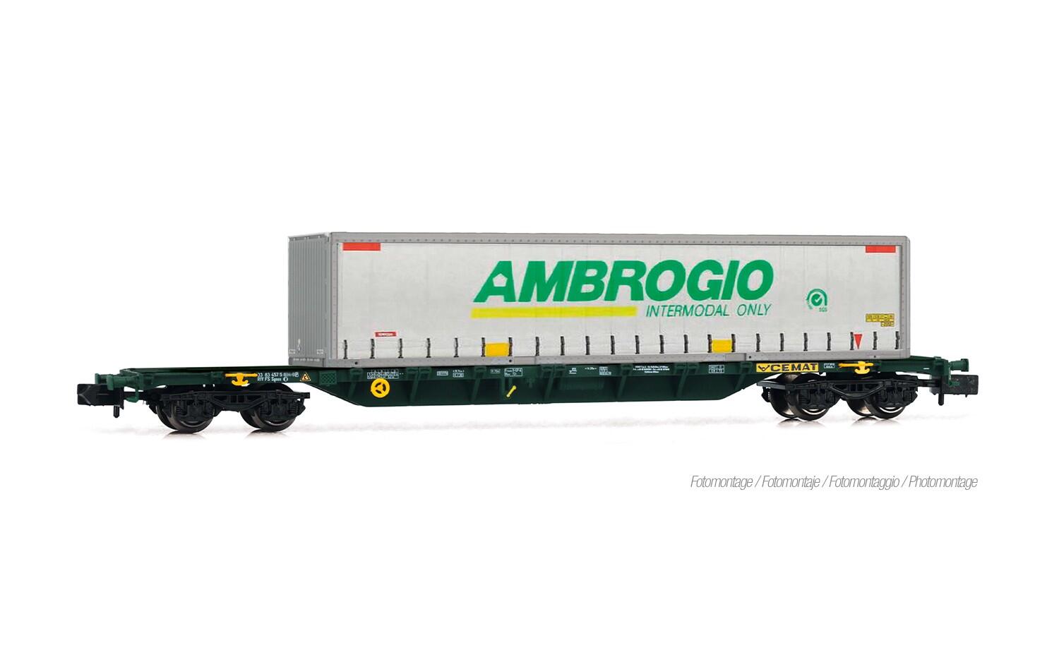 Arnold HN6730 N Containerwagen Sgnss CEMAT, grün, beladen mit „AMBROGIO”-Curtainside-Wechselaufbau
