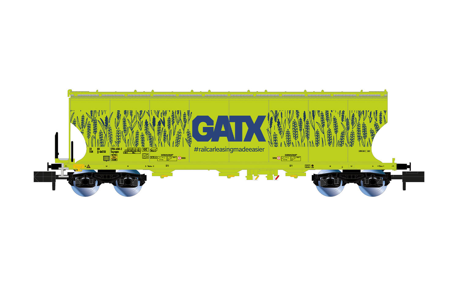 Arnold HN6737 N 4-achs. Getreidesilowagen mit runden Seitenwänden D-GATX, neongrüne „Getreide“-Farbgebung, großes „GATX“-Logo