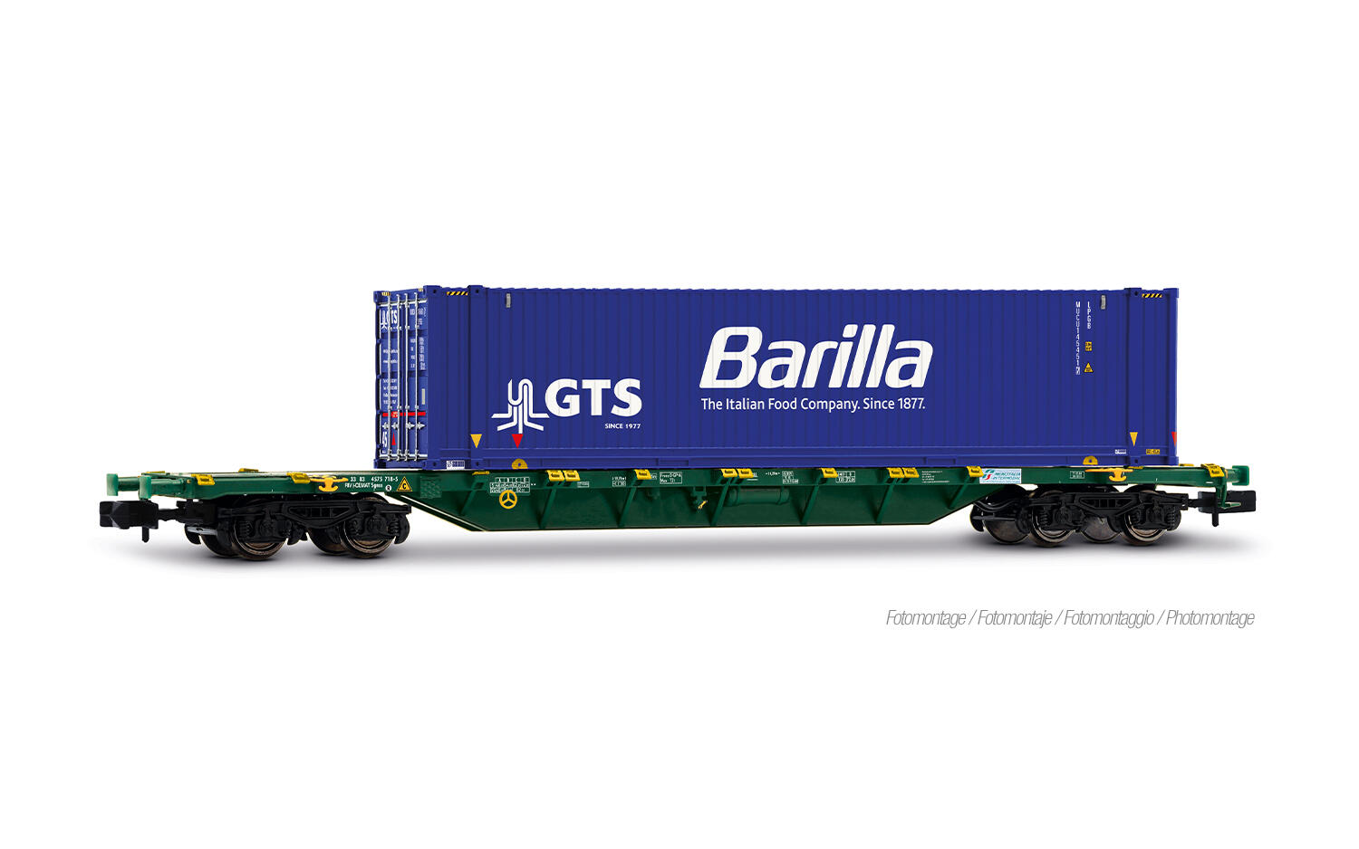 Arnold HN6743 N 4-achs. Containerwagen Sgnss Mercitalia Intermodal, grün, mit 45-Container von „GTS Barilla“