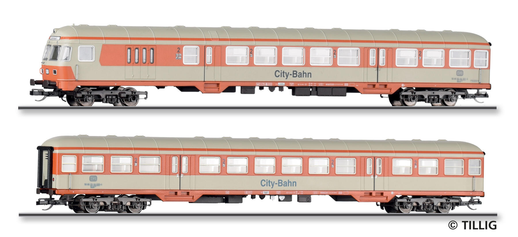 Tillig 01127 TT Reisezugwagenset der DB in City-Bahn - Lackierung, bestehend aus einem Steuerwagen 2. Klasse BDnf 238 und einem Reisezugwagen